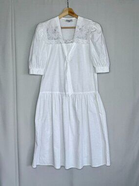 80s Vintage Michael Blair White Lace Pilgrim Collar Drop Waist Midi Dress Small